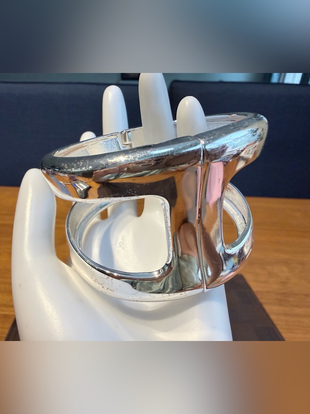 Silver Tone 2" Wide Modernist H Cutout Chunky Hinged
Bangle Bracelet - Picture 11 of 15